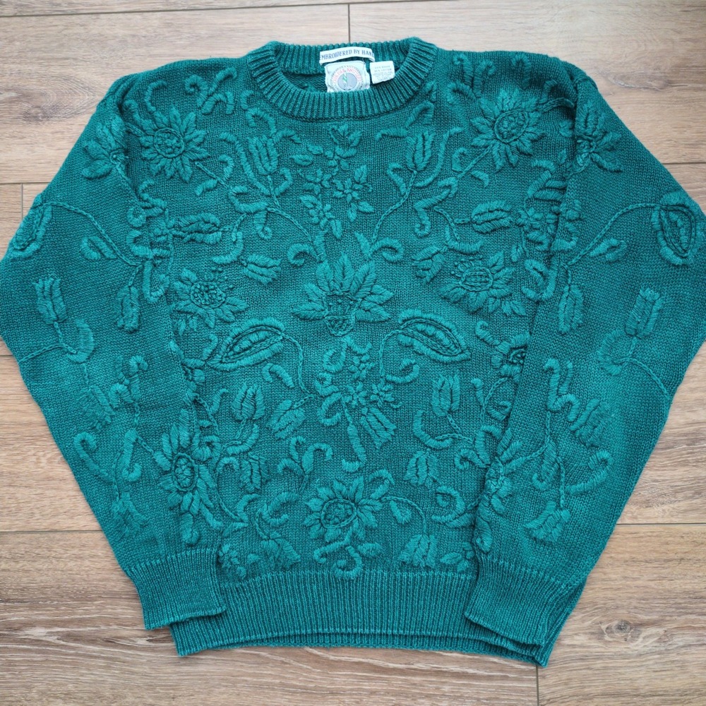 Cape Isle Knitters Floral Embroidered Sweater Teal Green Textured Chunky Cotton - Picture 2 of 8